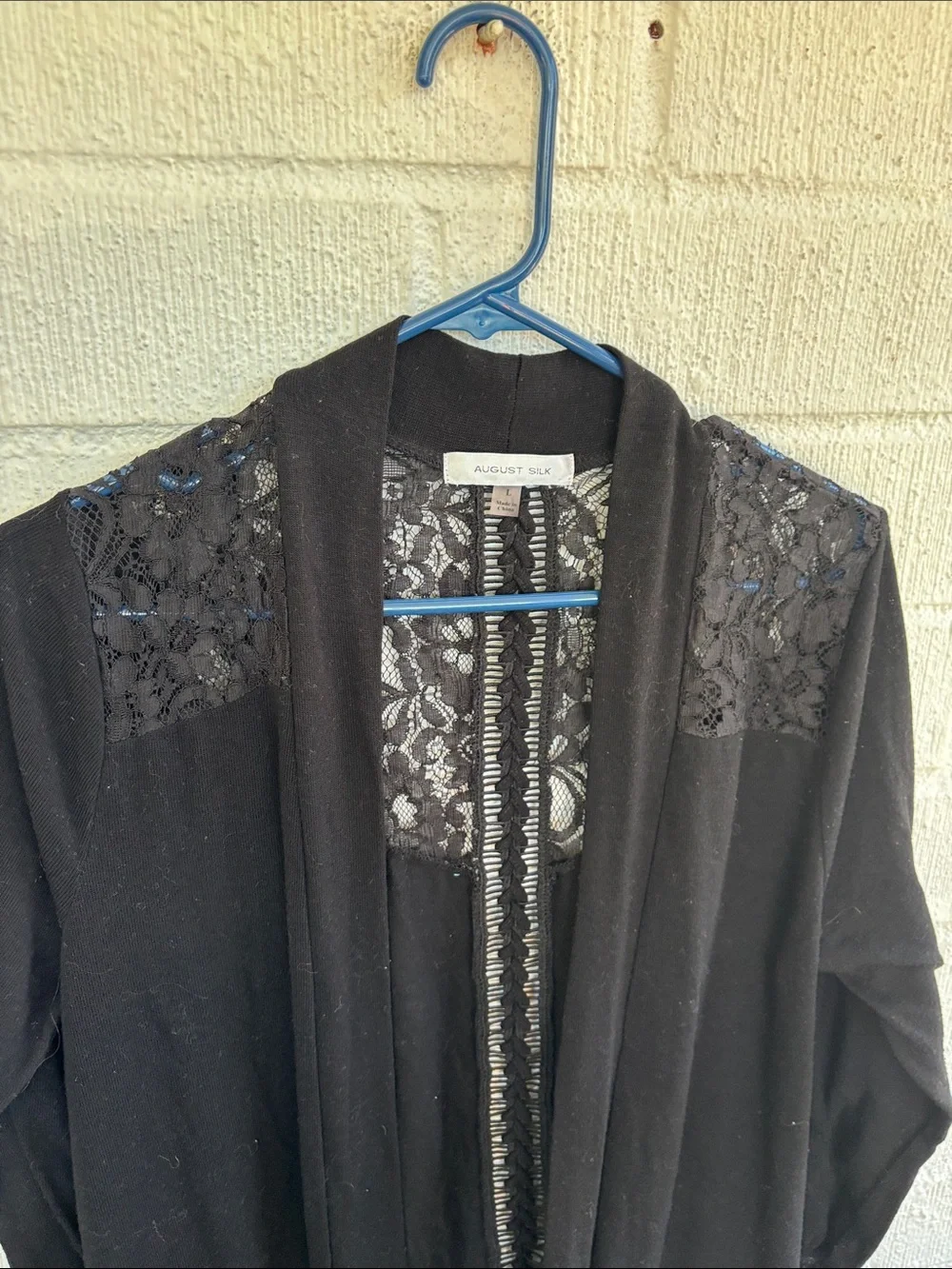 August Silk Lace Black Lace-Back Open Front Cardigan sz L